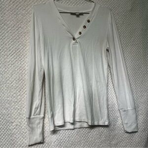 LOFT Ribbed Long Sleeve Top with Button Accents Soft White V Neck Medium